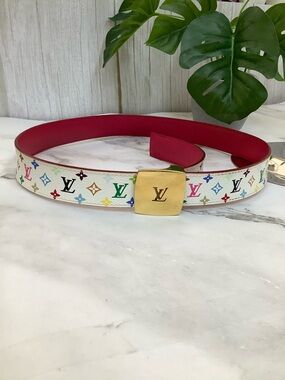 GUC Louis Vuitton White Multicolor Monogram Red Leather Belt with Gold LV Buckle